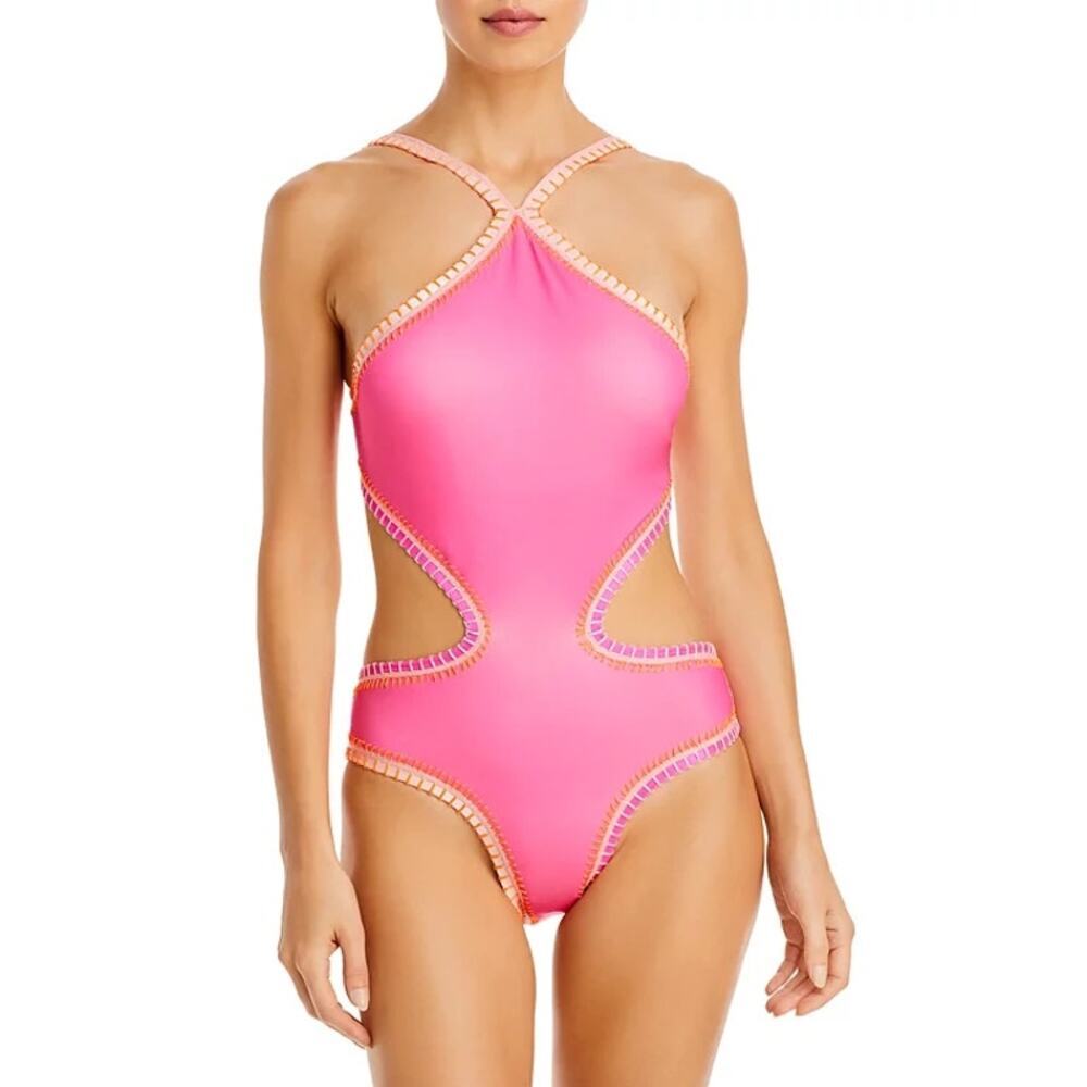 Platinum Swimwear Crochet Trim Halter Neck One Piece Swimsuit Pink Size L NWT